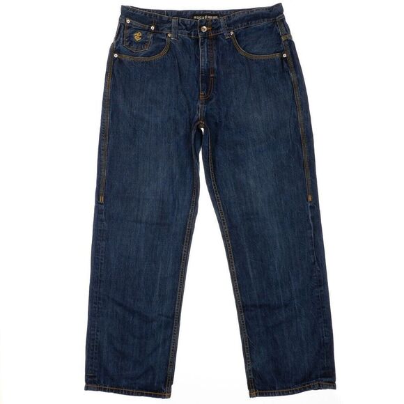 Rocawear Jeans Mens Size 38 Measures 37x32 Dark Blue Embroidered Cotton Denim - Picture 1 of 16